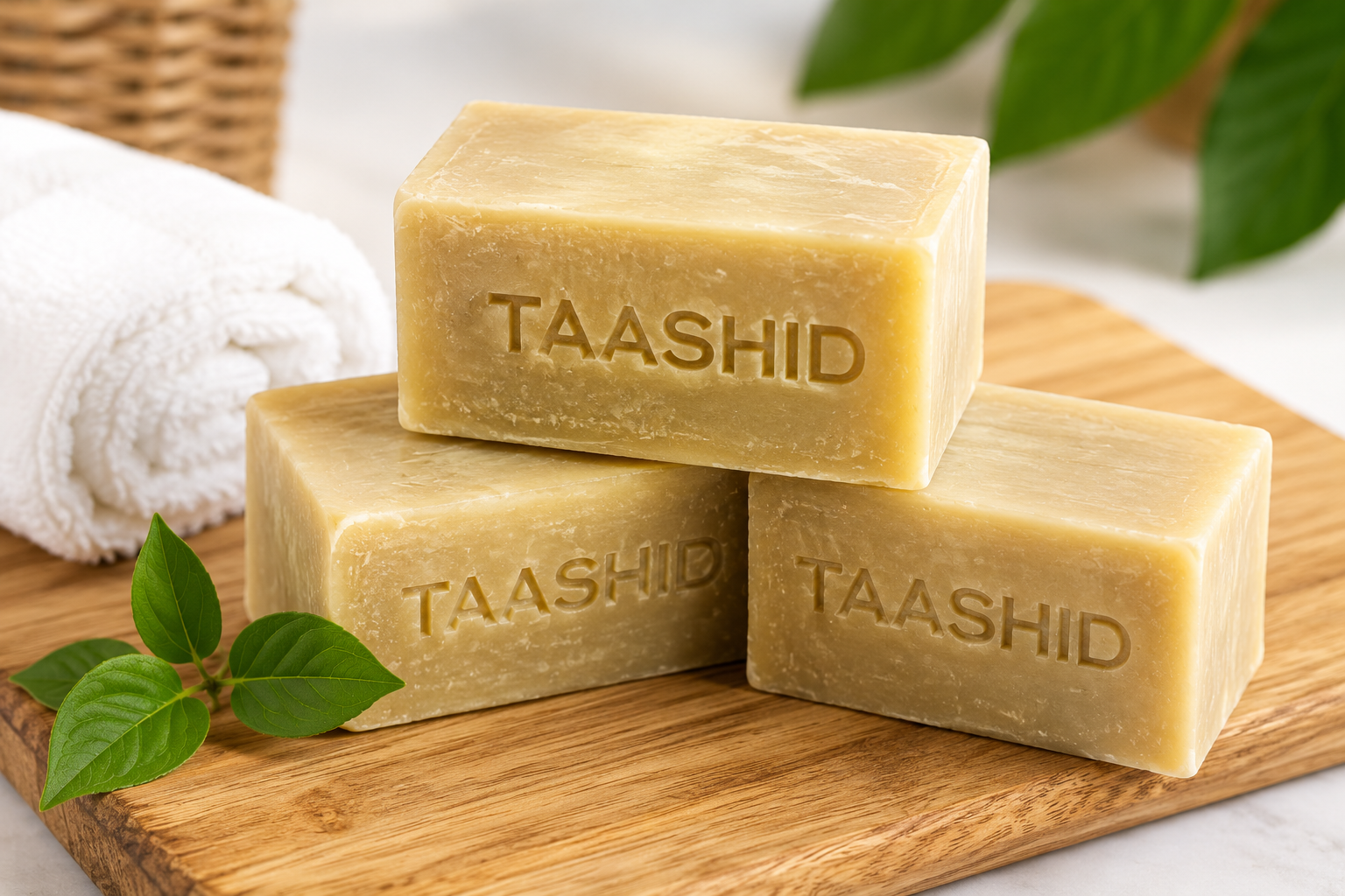TAASHID laundry soap bars stacked on a wooden board