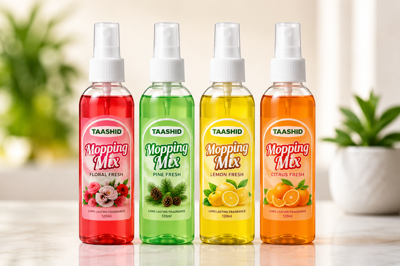 TAASHID mopping mix bottles in floral, pine, lemon and citrus fresh variants
