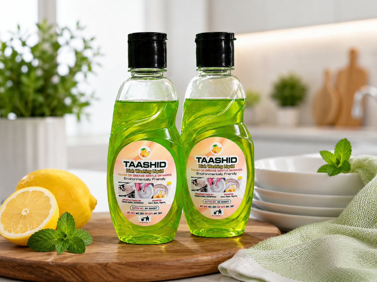 TAASHID dish washing liquid bottles on a kitchen counter